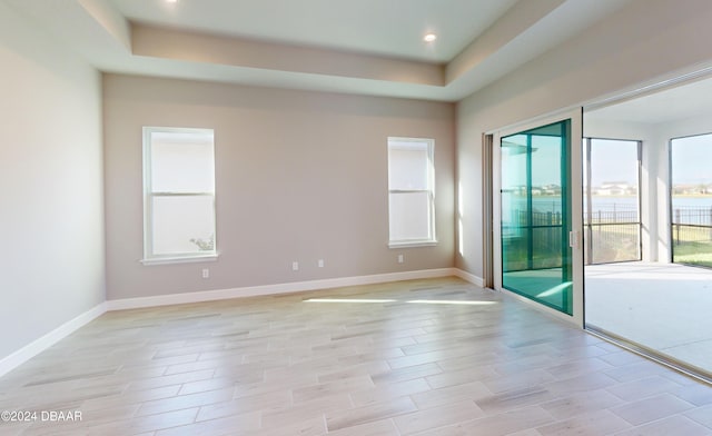 empty room with a raised ceiling, a healthy amount of sunlight, and light wood-type flooring