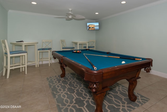 playroom with ceiling fan, light tile patterned floors, ornamental molding, and billiards