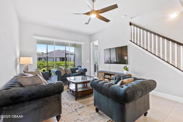 6423 Hanfield Ln, Port Orange, FL 32128 - living room with ceiling fan and stairs