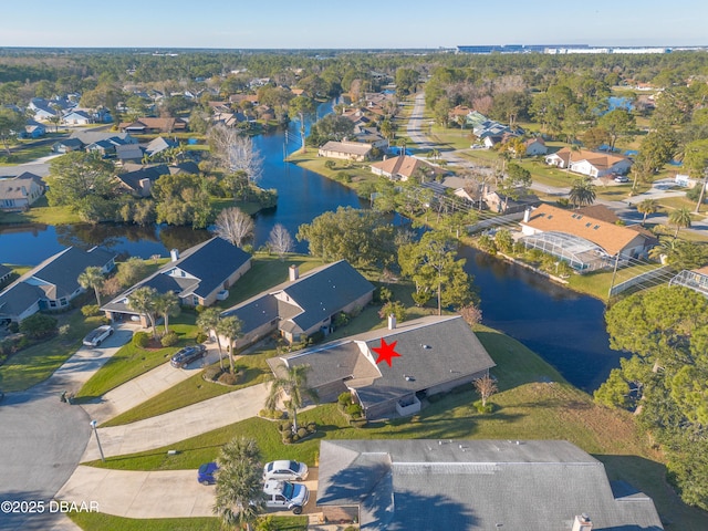 bird's eye view with a water view