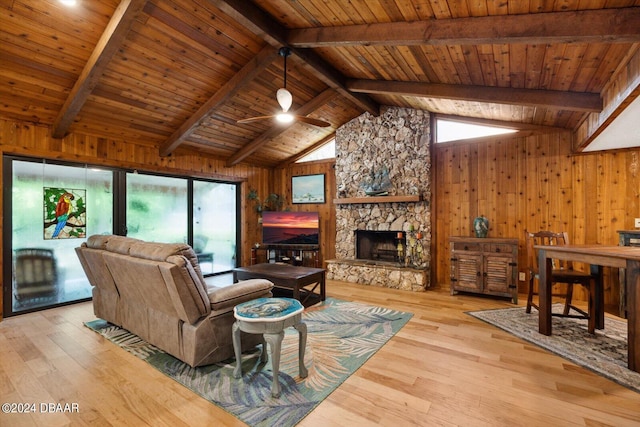 living room with a fireplace, light hardwood / wood-style flooring, and wood ceiling