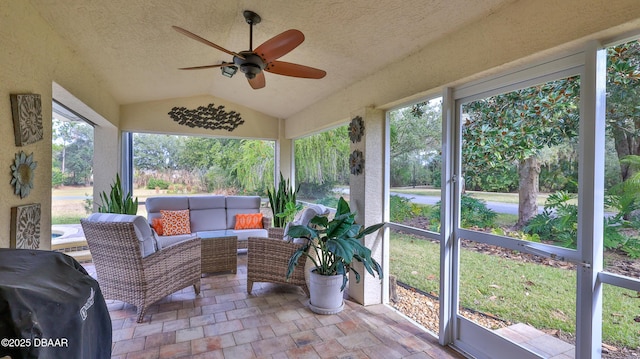 1453 Sunningdale Ln, Ormond Beach, FL 32174 - sunroom with ceiling fan and an outdoor hangout area