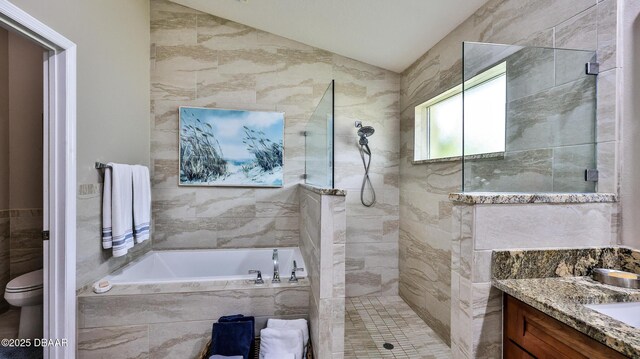 1453 Sunningdale Ln, Ormond Beach, FL 32174 - full bath with a bath, tile walls, vaulted ceiling, a tile shower, and vanity