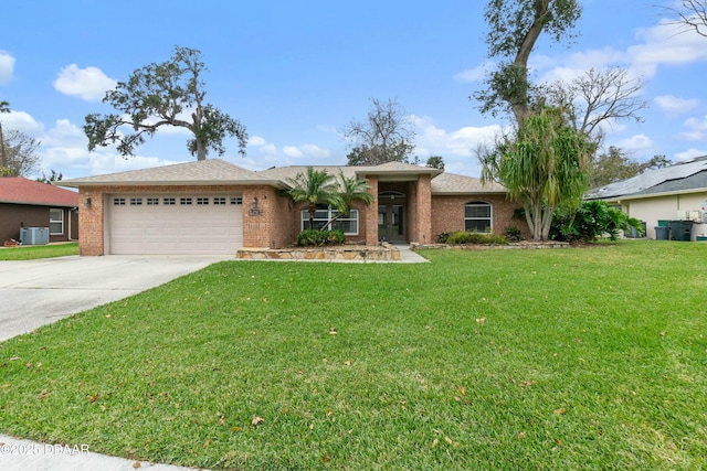 ranch-style house with central air condition unit, a front lawn, and a garage