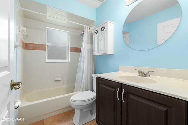 full bathroom with tile patterned floors, vanity, shower / bathtub combination with curtain, and toilet