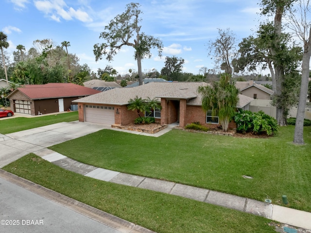 single story home featuring a front yard and a garage