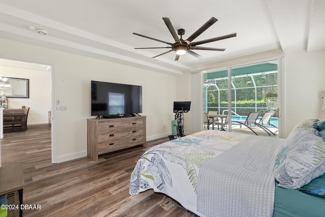 bedroom with ceiling fan, access to outside, and dark hardwood / wood-style floors