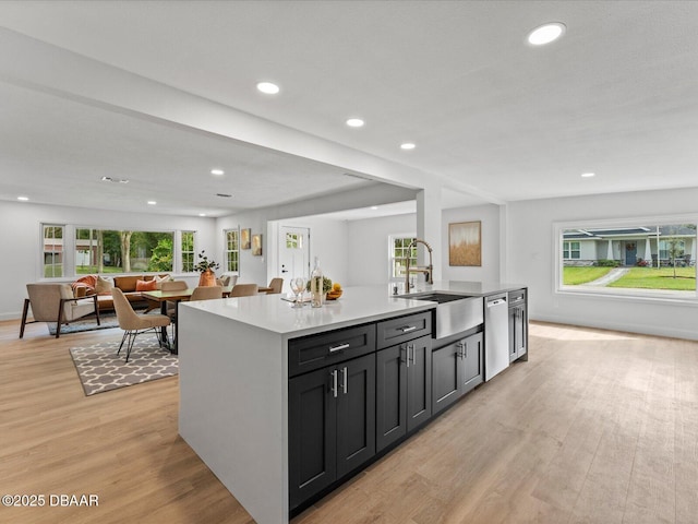 kitchen featuring a wealth of natural light, a sink, light wood-style flooring, and dishwasher