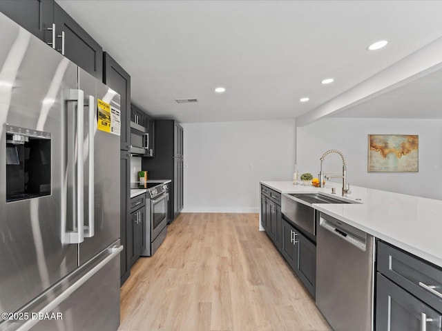 kitchen featuring a sink, light countertops, light wood-style flooring, stainless steel appliances, and visible vents