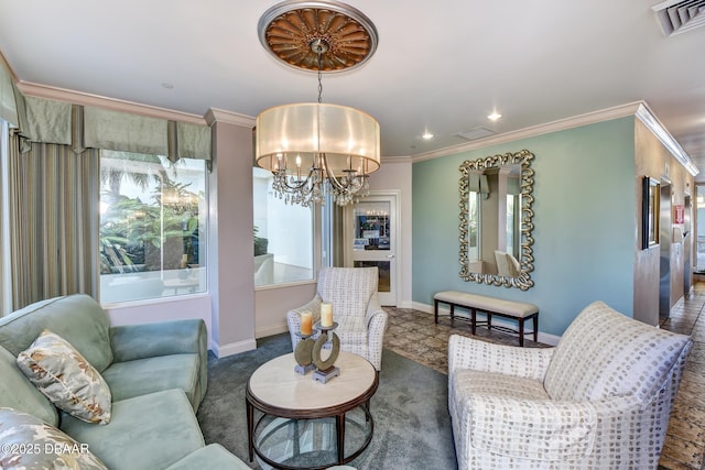 2937 S Atlantic Ave Unit 1108, Daytona Beach Shores, FL 32118 - living room featuring ornamental molding, a chandelier, baseboards, and recessed lighting