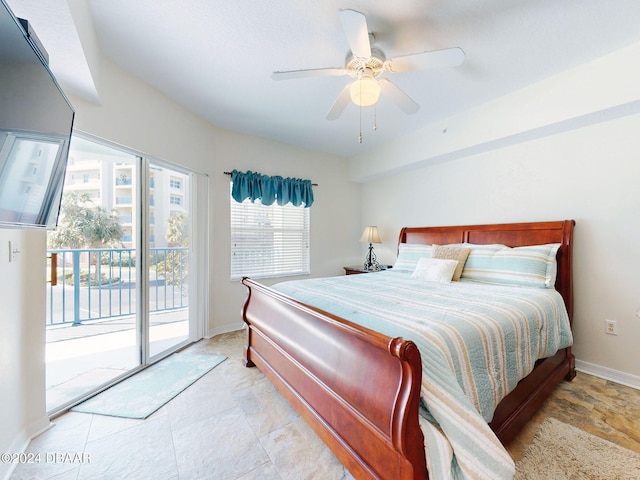 bedroom featuring ceiling fan and access to outside