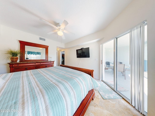 unfurnished bedroom featuring access to exterior, ceiling fan, and light colored carpet