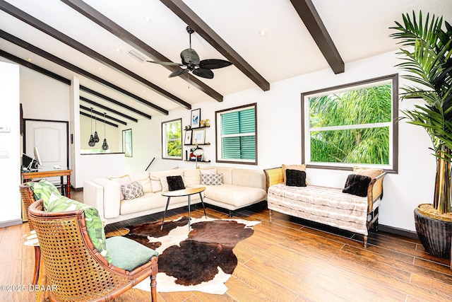 3110 John Anderson Dr, Ormond Beach, FL 32176 - living room with hardwood / wood-style flooring, a healthy amount of sunlight, vaulted ceiling with beams, and ceiling fan