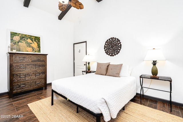 3110 John Anderson Dr, Ormond Beach, FL 32176 - bedroom featuring ceiling fan, dark hardwood / wood-style floors, beam ceiling, and a towering ceiling