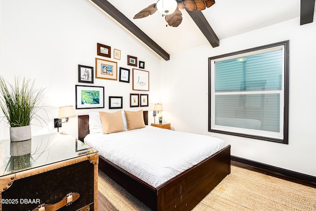 3110 John Anderson Dr, Ormond Beach, FL 32176 - bedroom featuring vaulted ceiling with beams and ceiling fan
