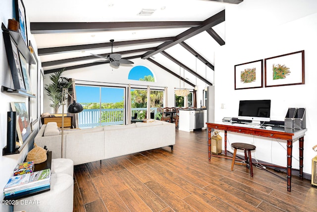3110 John Anderson Dr, Ormond Beach, FL 32176 - living room with ceiling fan, dark hardwood / wood-style floors, high vaulted ceiling, and beam ceiling