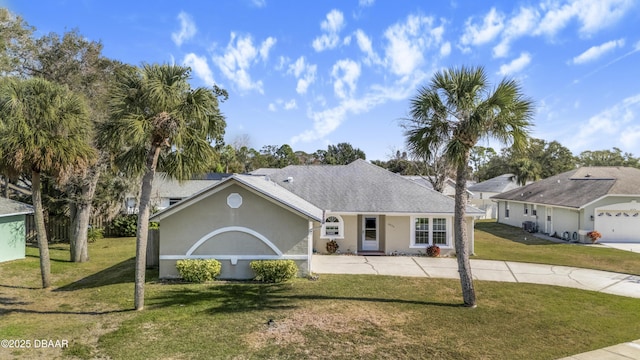 ranch-style home with a front lawn and stucco siding