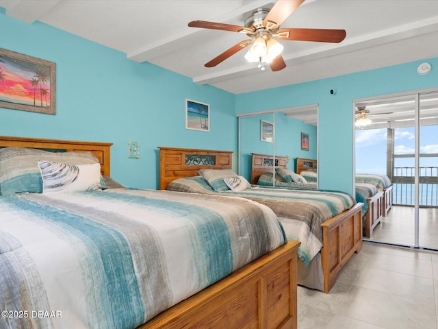 bedroom featuring beamed ceiling, ceiling fan, access to exterior, and light tile patterned flooring