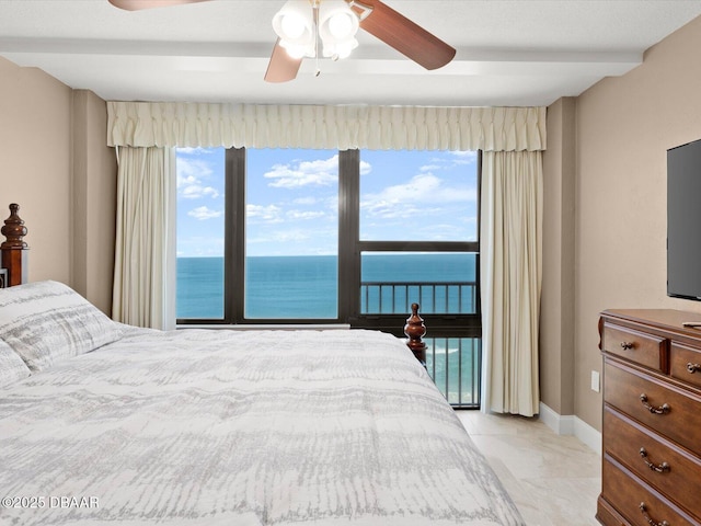 bedroom with beamed ceiling, a water view, and ceiling fan