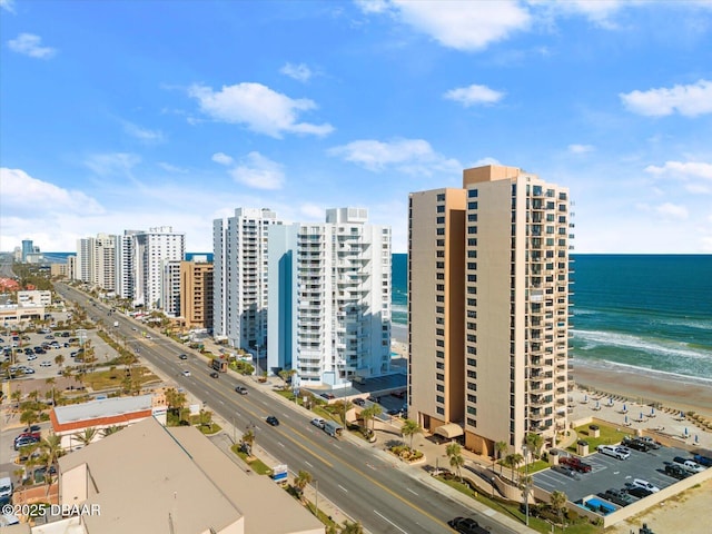 aerial view featuring a beach view and a water view