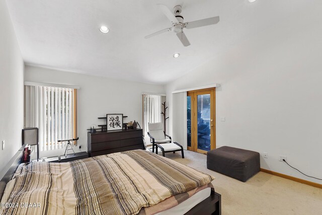 carpeted bedroom with ceiling fan, multiple windows, lofted ceiling, and access to outside