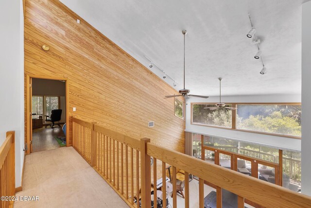 hall featuring a high ceiling, wooden walls, and rail lighting