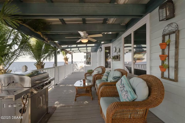 21951 Tarragona Way, Astor, FL 32102 - wooden terrace with a ceiling fan and a grill