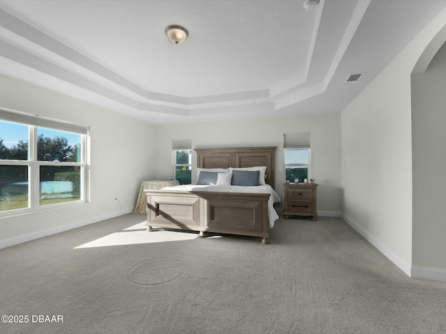 bedroom with light carpet and a raised ceiling