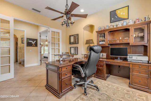 tiled office space with french doors and ceiling fan