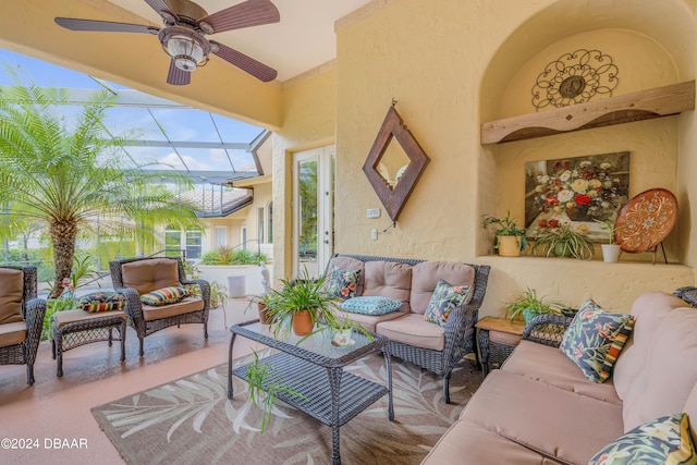 exterior space featuring ceiling fan