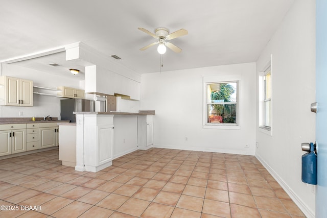 408 Frances Ter, Daytona Beach, FL 32118 - kitchen featuring visible vents, a ceiling fan, freestanding refrigerator, a peninsula, and a sink