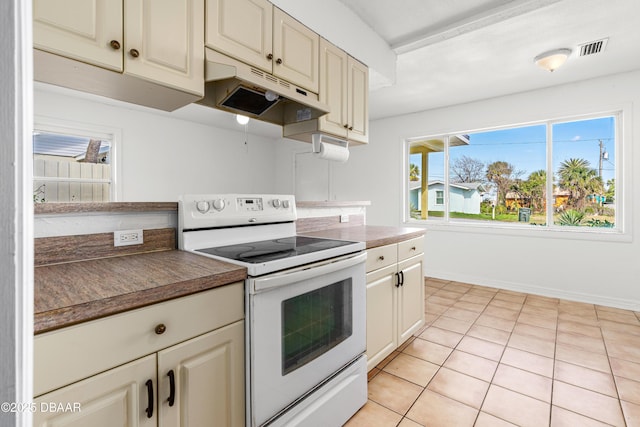 408 Frances Ter, Daytona Beach, FL 32118 - kitchen with electric range, visible vents, baseboards, dark countertops, and under cabinet range hood