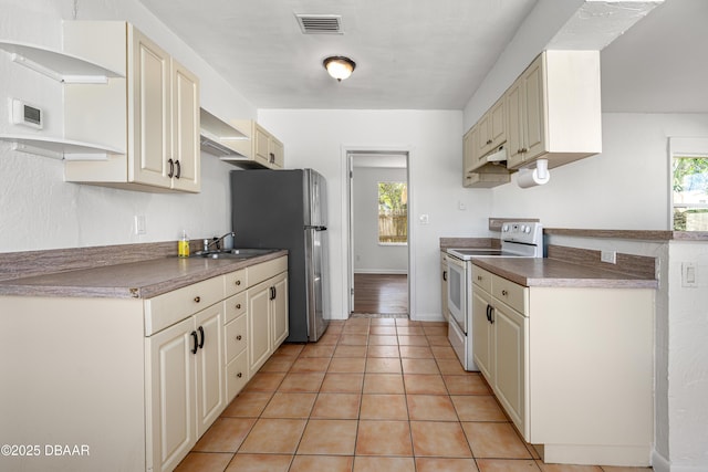 408 Frances Ter, Daytona Beach, FL 32118 - kitchen featuring cream cabinets, a sink, visible vents, white range with electric cooktop, and dark countertops