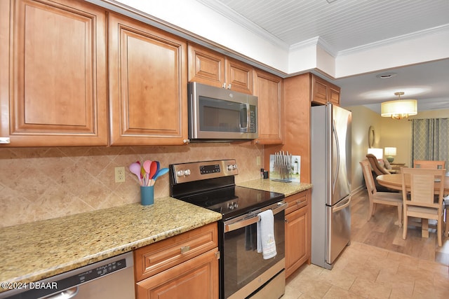 kitchen with stainless steel appliances, light hardwood / wood-style floors, light stone counters, tasteful backsplash, and crown molding