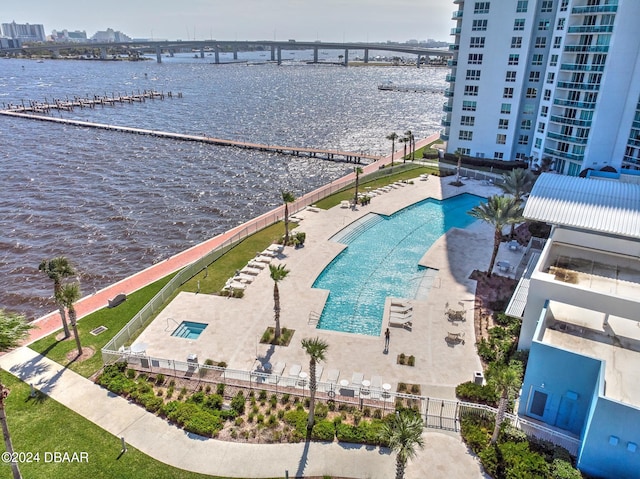 drone / aerial view featuring a water view