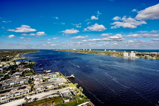 birds eye view of property featuring a water view