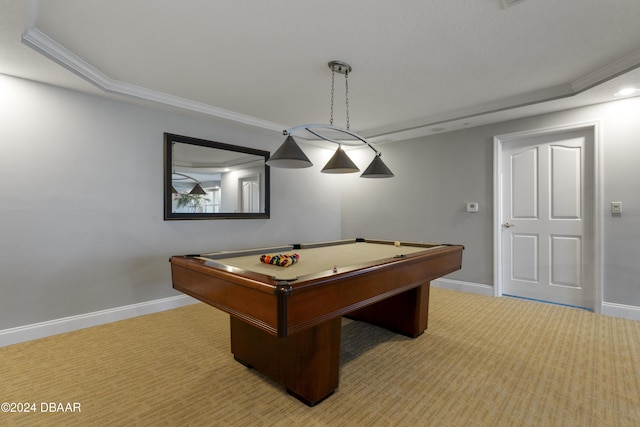 game room with light colored carpet, billiards, and baseboards