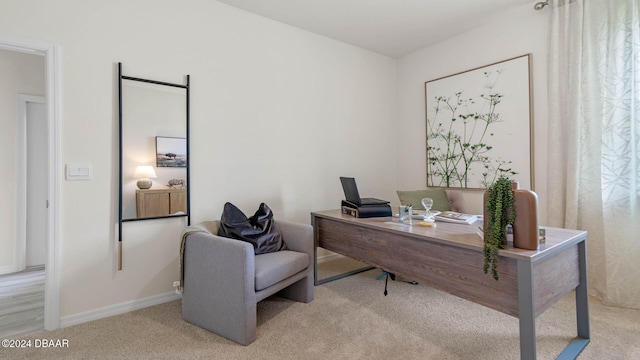 home office featuring light colored carpet