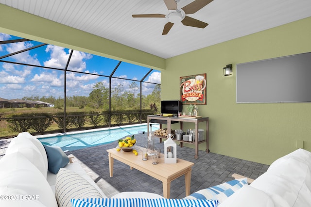 906 Coral Reef Way, Daytona Beach, FL 32124 - living room with a ceiling fan and a sunroom