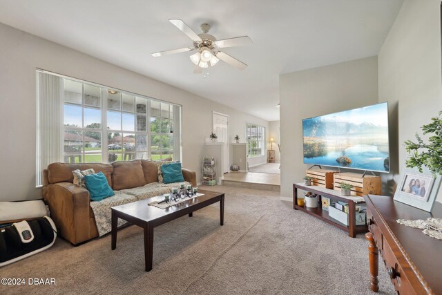 living room with ceiling fan, plenty of natural light, and carpet flooring