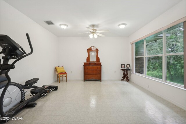 workout area featuring ceiling fan