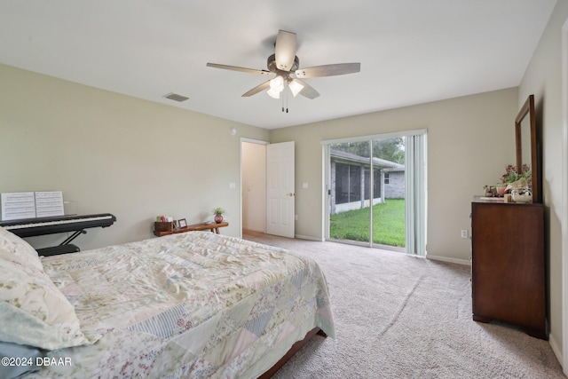 carpeted bedroom with access to outside and ceiling fan