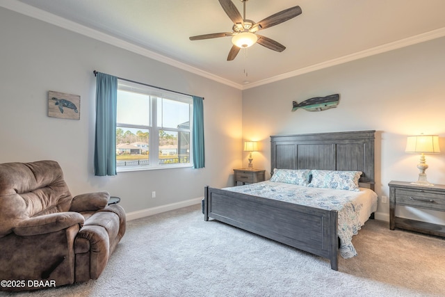 bedroom featuring light carpet, crown molding, and ceiling fan