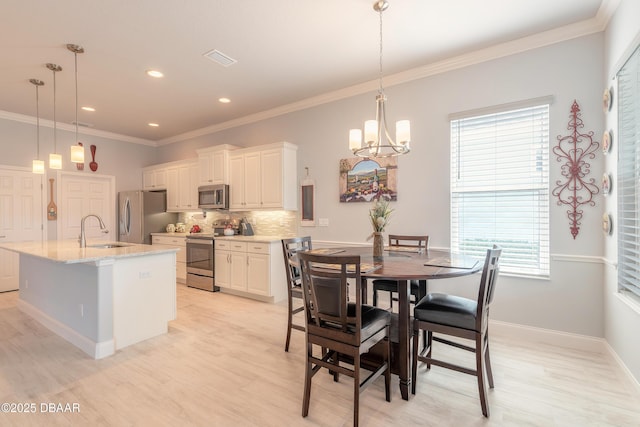 kitchen with stainless steel appliances, white cabinetry, hanging light fixtures, and sink