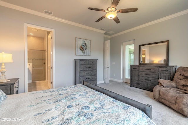 carpeted bedroom featuring ceiling fan, ornamental molding, and ensuite bathroom