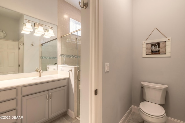 bathroom with a shower with door, vanity, and toilet