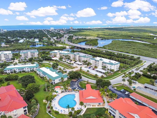 drone / aerial view featuring a water view