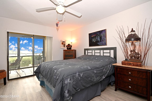 bedroom with access to exterior, light wood-type flooring, and ceiling fan