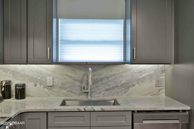 kitchen featuring gray cabinets, sink, stainless steel dishwasher, and backsplash