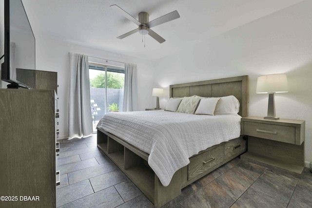 bedroom featuring access to exterior and ceiling fan